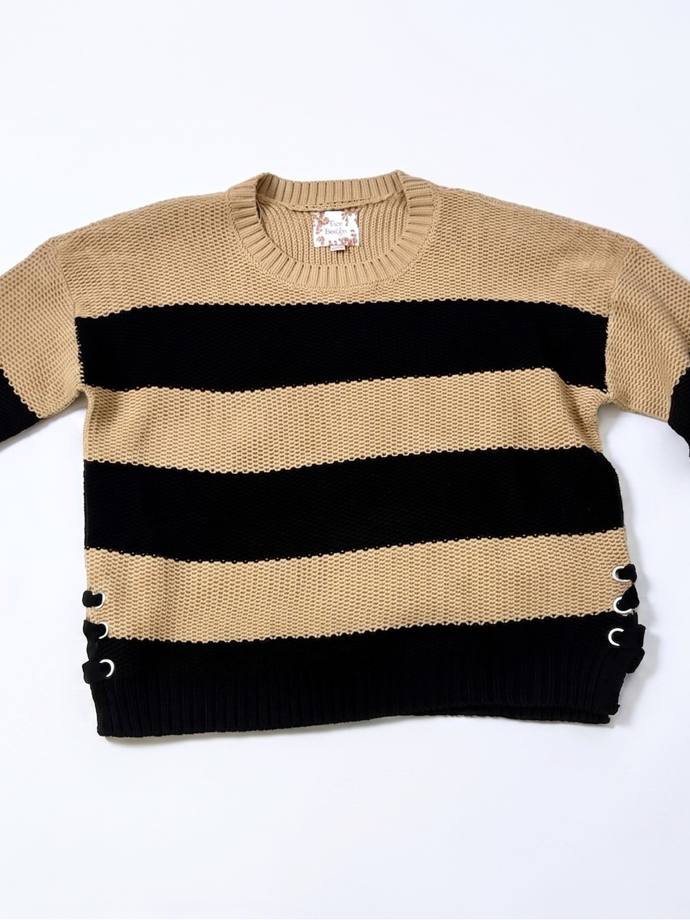 Pink Republic Beige and Black Striped Crew Sweater - Picture 3 of 4